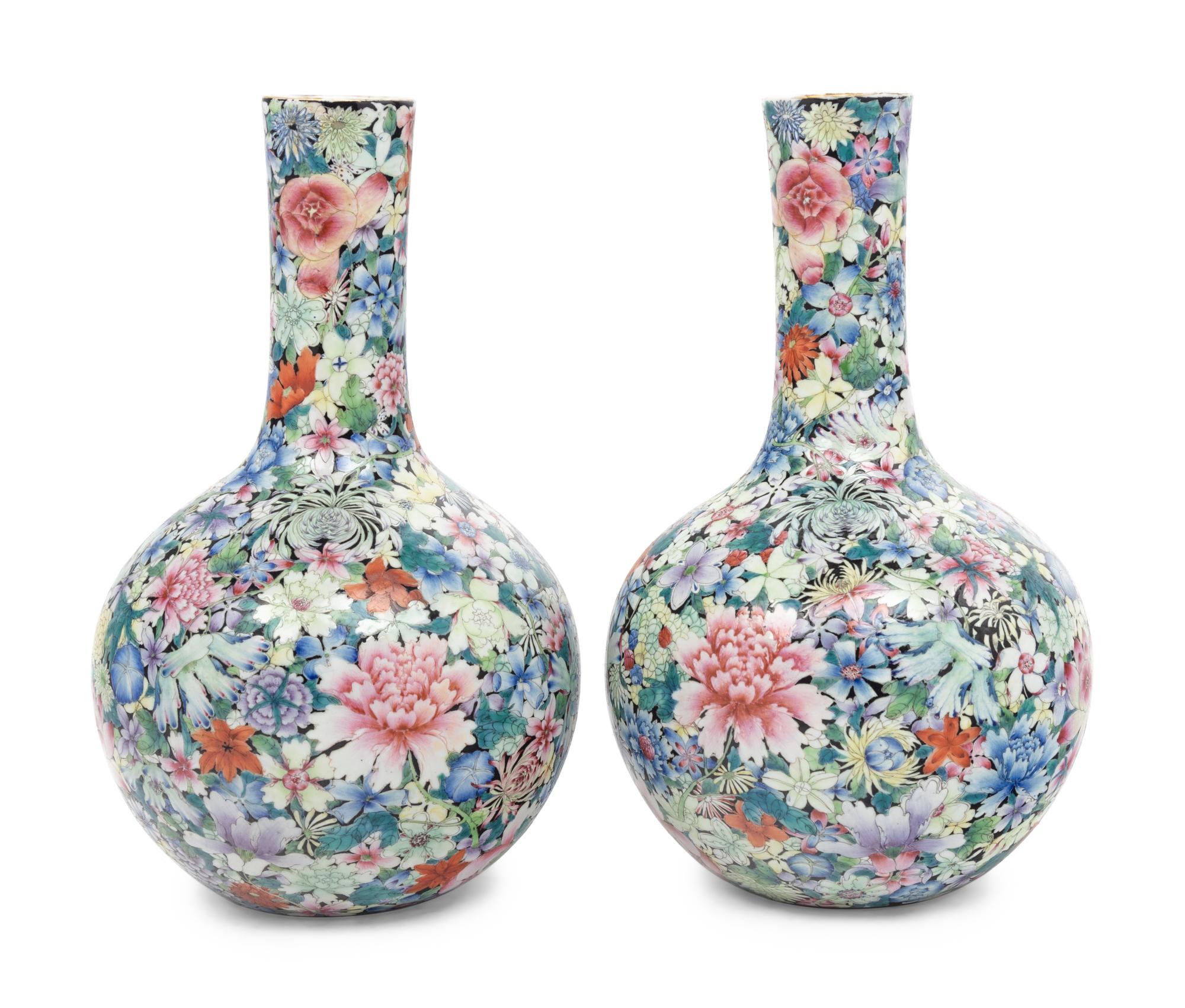 A Pair Chinese Famille Rose ‘Millefleurs’ Porcelain Bottle Vases