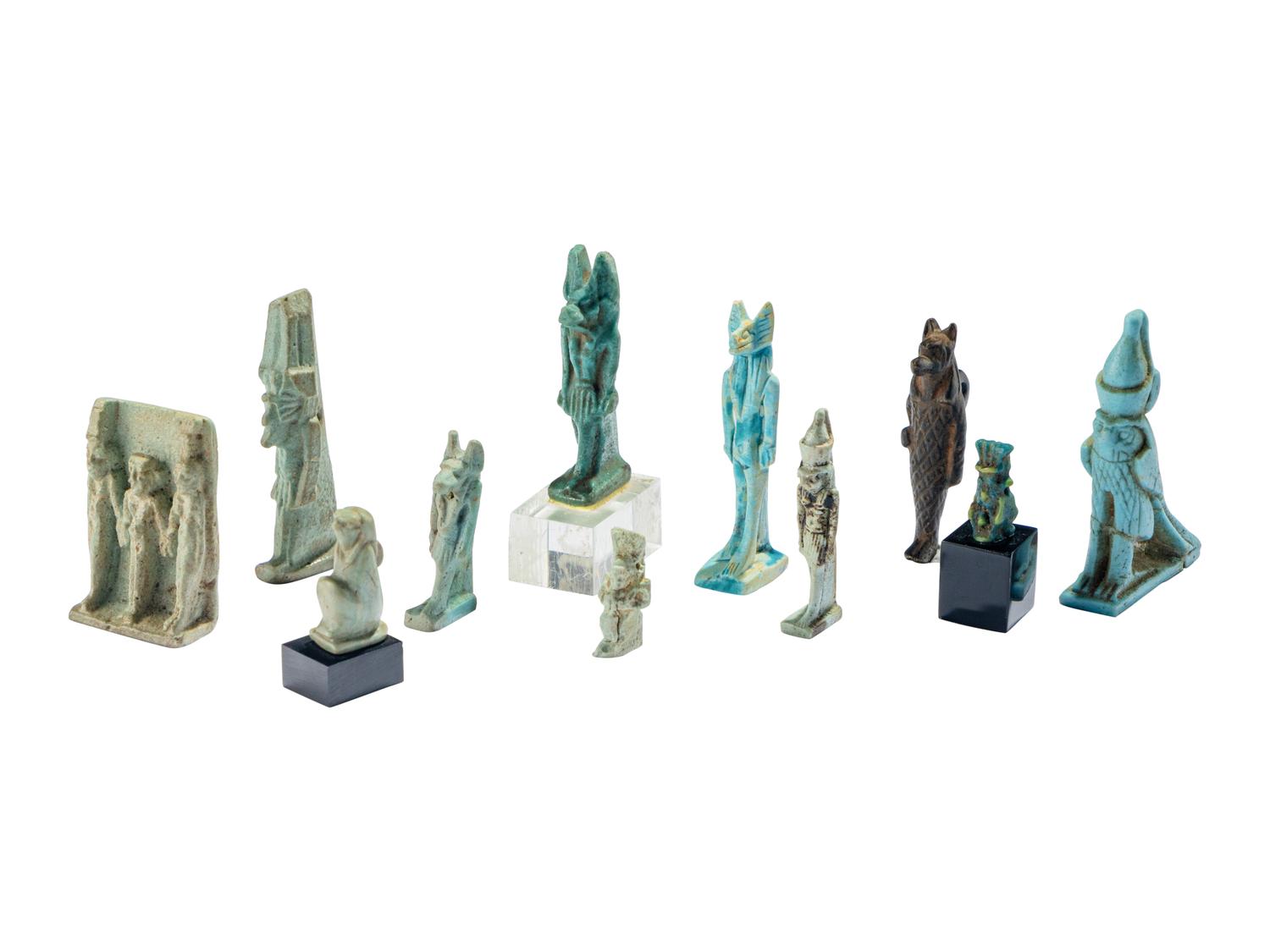 11 Egyptian Faience and Bronze Deity Amulets