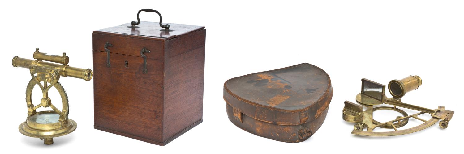 An English Surveyor's Sextant Navigation Kit, Thomas Jones, Width of wider 8 1/4 inches.