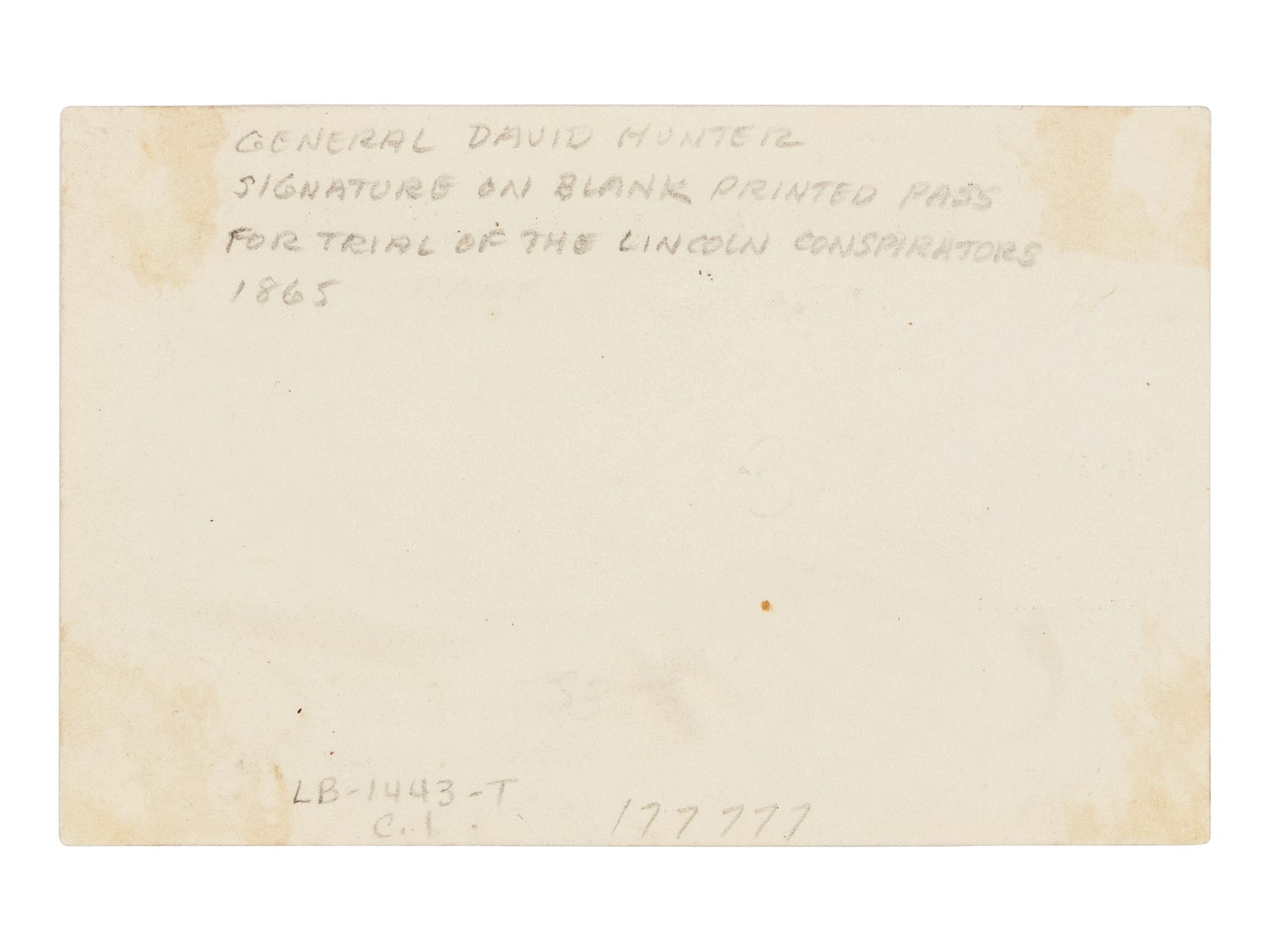 [LINCOLN ASSASSINATION]. A Military Commission pass to the trial of the Lincoln conspirators signed by Major General David Hunter. Washington, ca. May-June 1865.