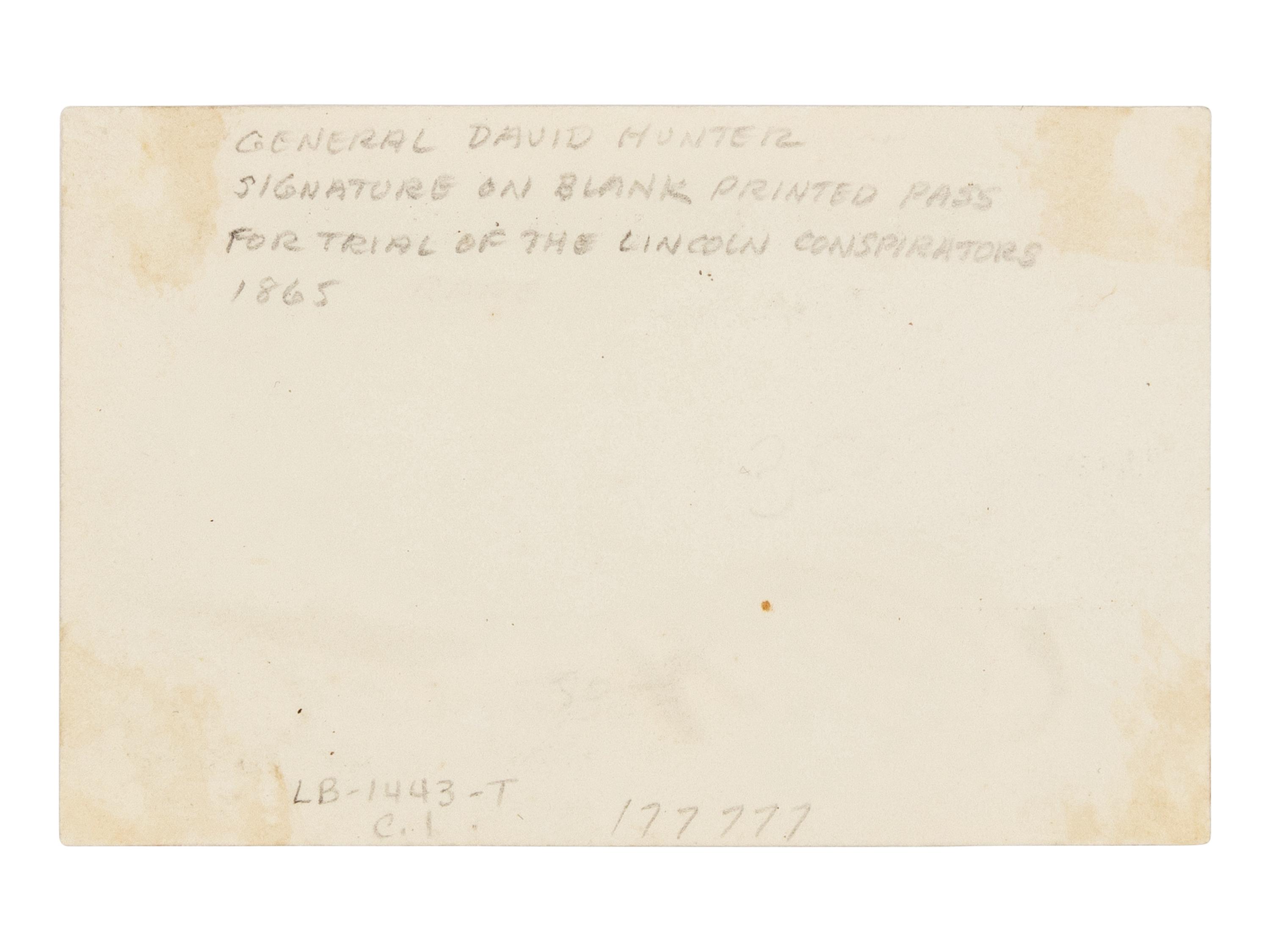 [LINCOLN ASSASSINATION]. A Military Commission pass to the trial of the Lincoln conspirators signed by Major General David Hunter. Washington, ca. May-June 1865.