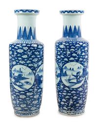 A Pair of Chinese Blue and White Porcelain Rouleau Vases