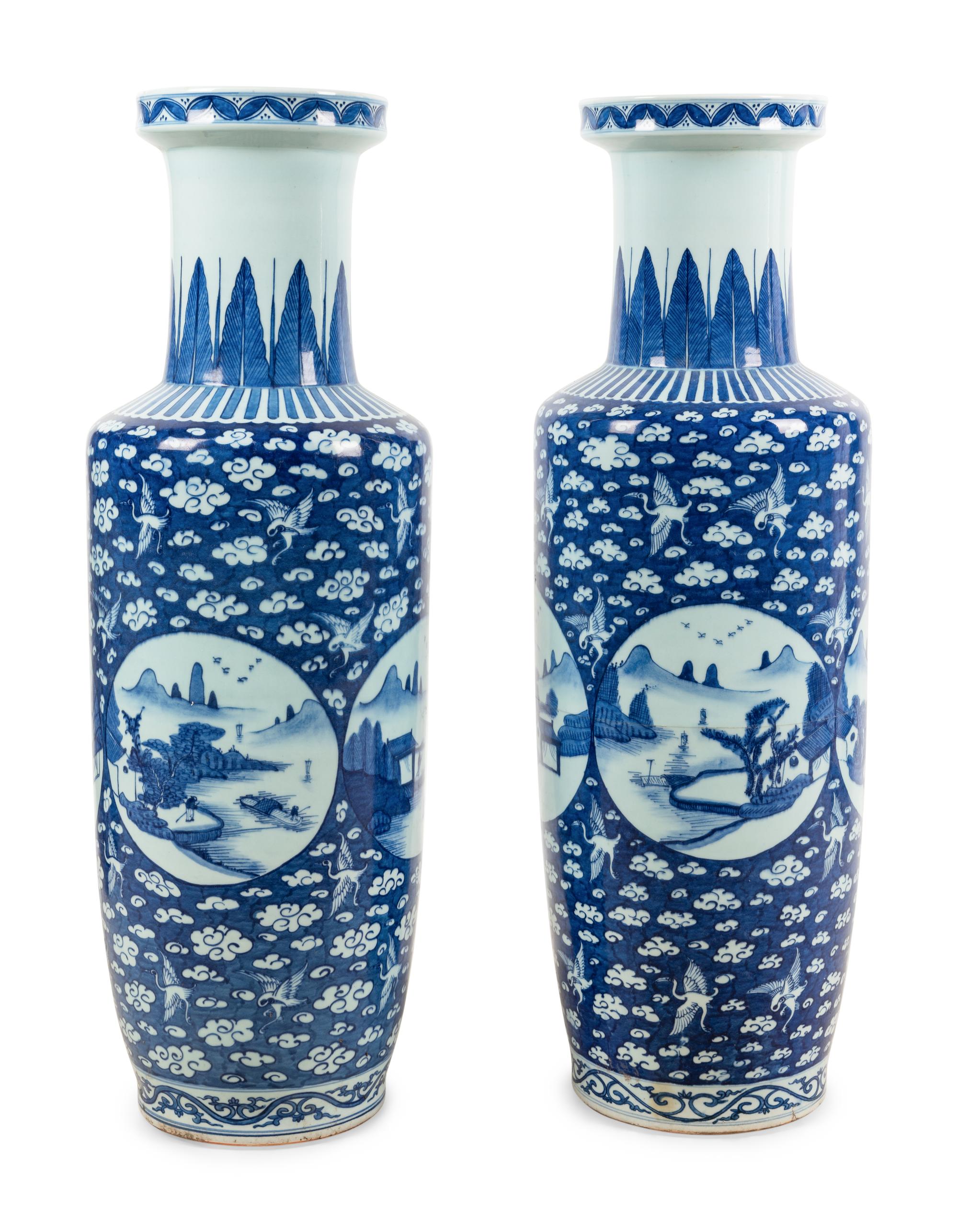 A Pair of Chinese Blue and White Porcelain Rouleau Vases