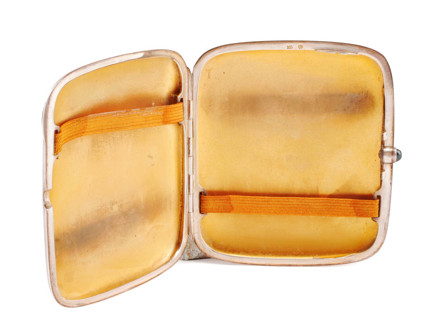A Continental Enameled Silver Cigarette Case, Likely German, Late 19th/Early 20th Century, the lid enameled to show a bathing nude.