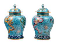 Two Pairs of Chinese Blue Ground Cloisonné Enameled 'Dragon' Vessels
