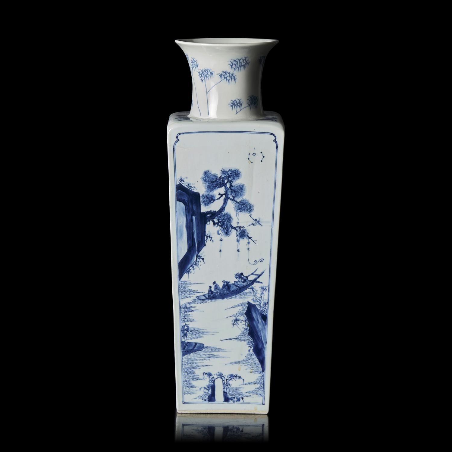 A Chinese Blue and White 'Odes on the Red Cliff' Square Vase, Kangxi Mark and od The Period, Circa 1690s 清康熙 青花赤壁賦山水詩文四方瓶