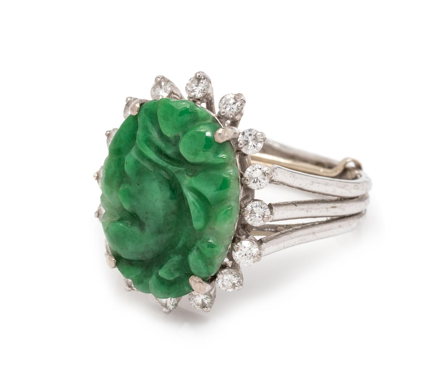 A 14 Karat White Gold, Jade, and Diamond Ring,