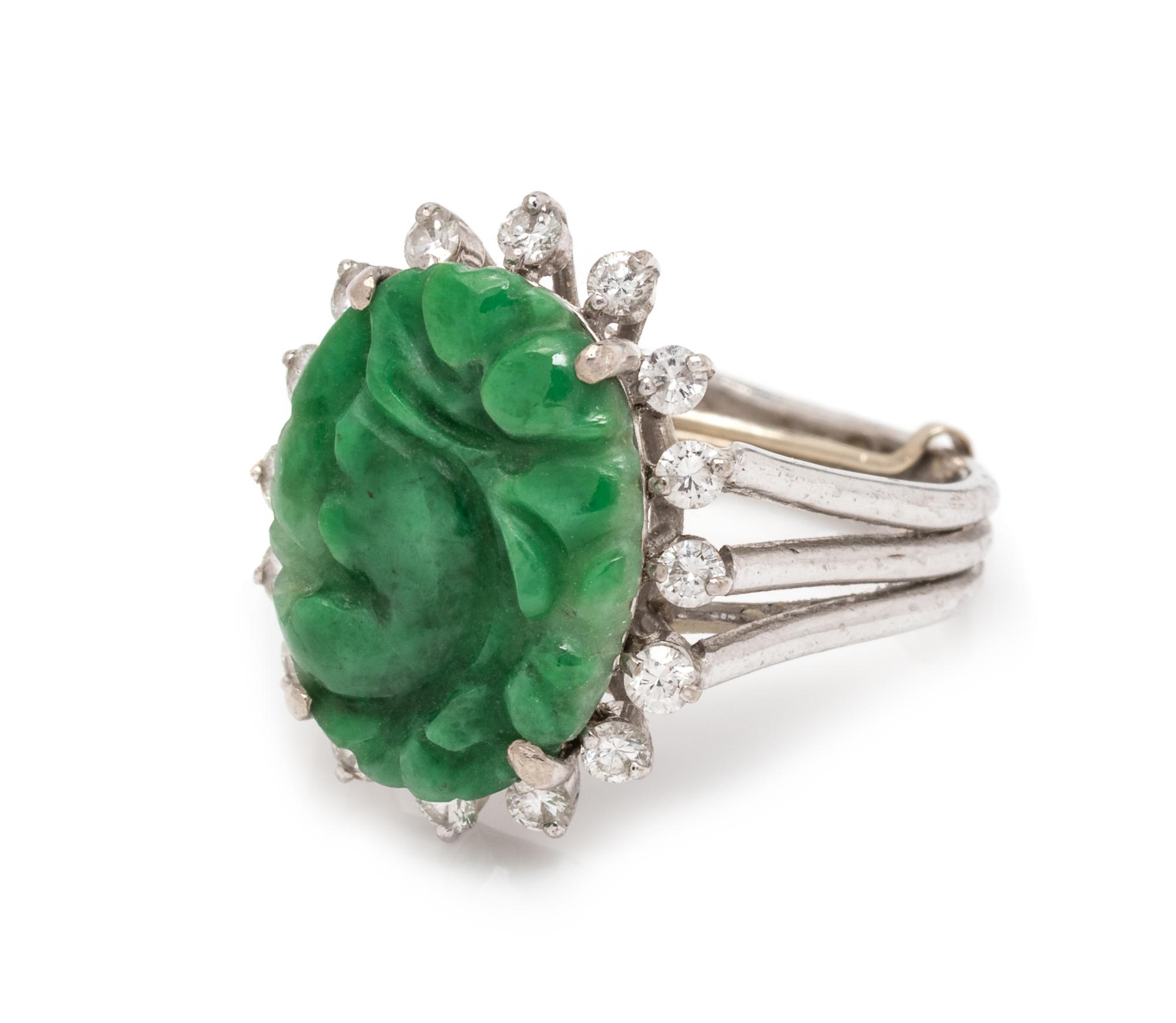 A 14 Karat White Gold, Jade, and Diamond Ring,