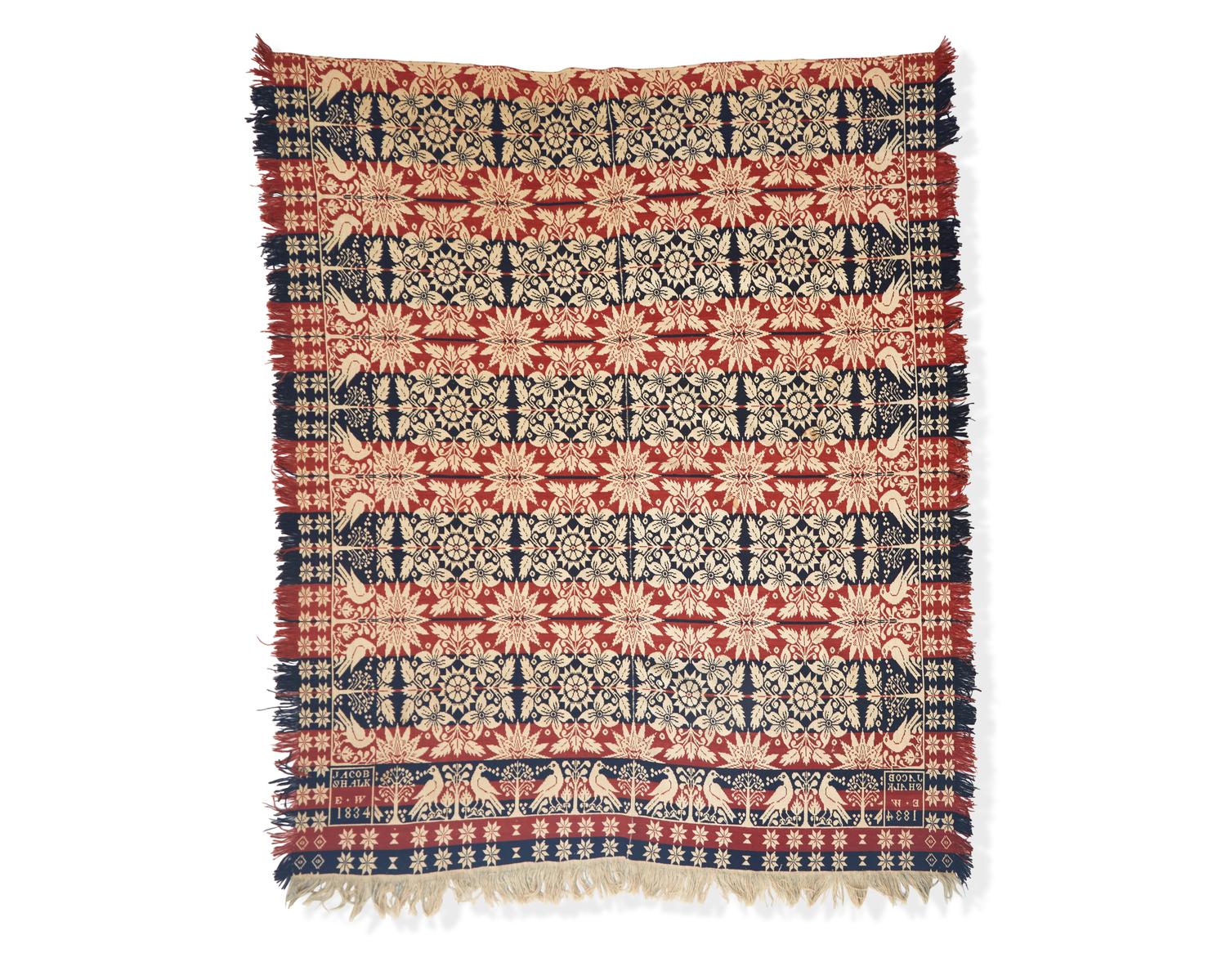 A Jaquard Woven Two-Color Wool and Cotton, "Jacob/ Shalk/ E.W./ 1834", probably Lebanon County, PA