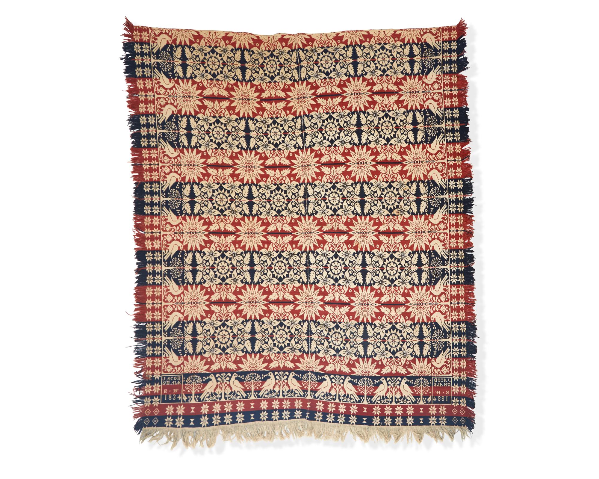 A Jaquard Woven Two-Color Wool and Cotton, "Jacob/ Shalk/ E.W./ 1834", probably Lebanon County, PA