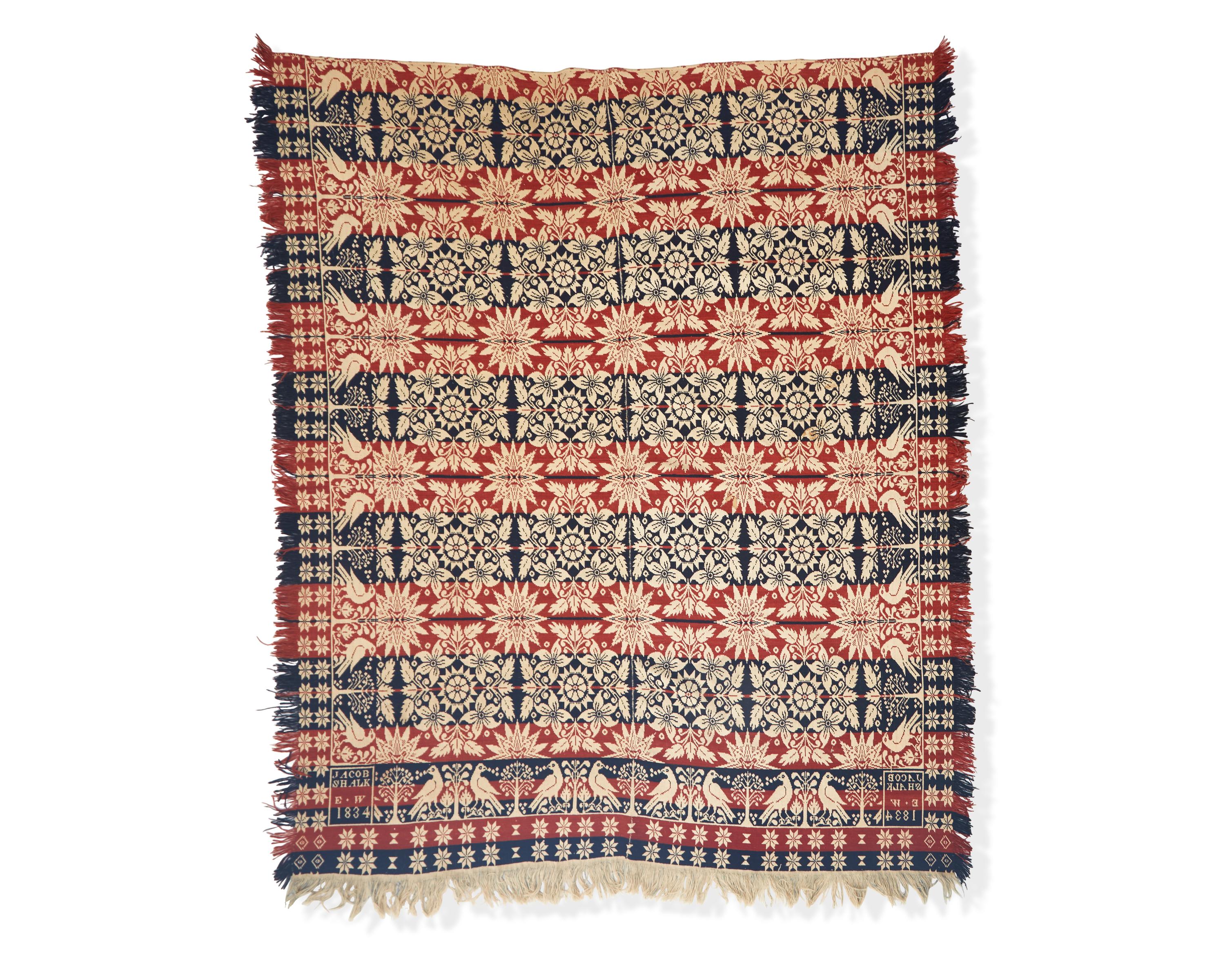 A Jaquard Woven Two-Color Wool and Cotton, "Jacob/ Shalk/ E.W./ 1834", probably Lebanon County, PA