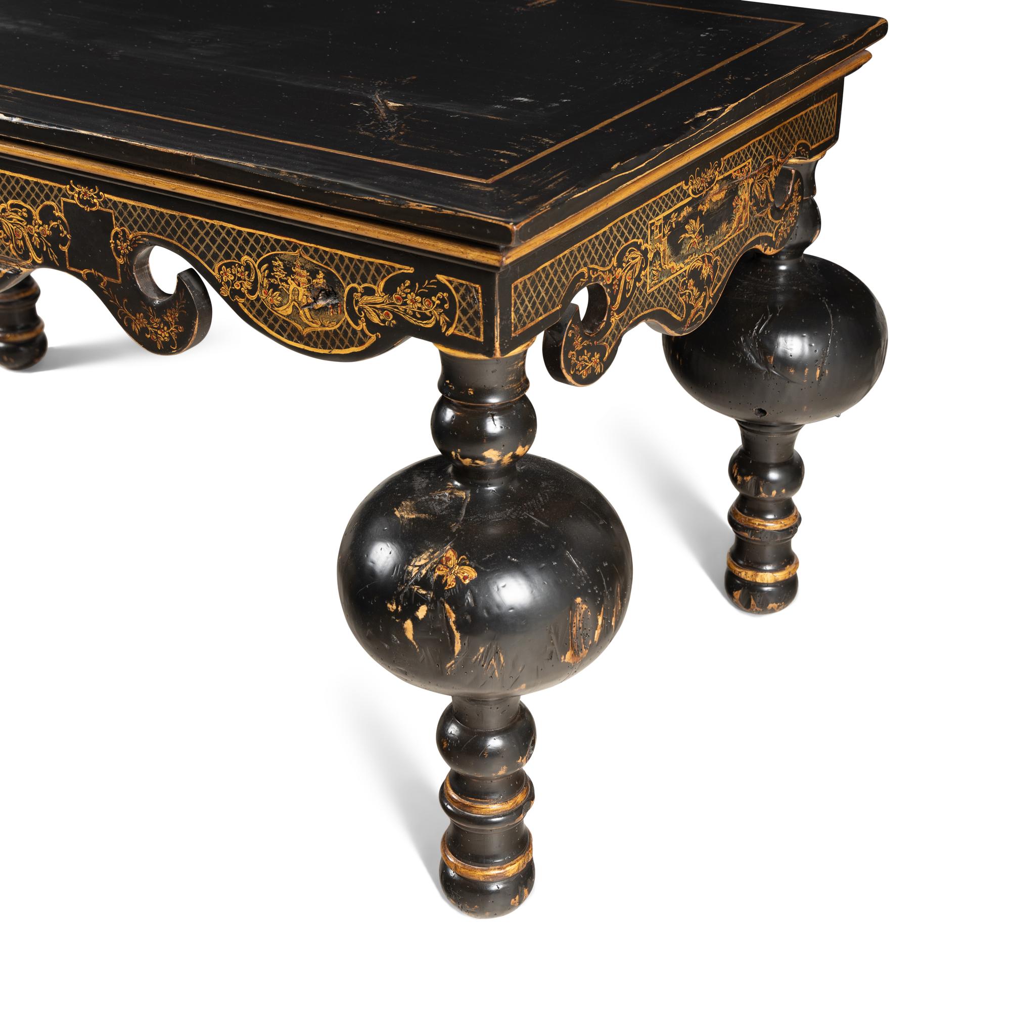 An Ebonized, Gilt and Polychrome Decorated Chinoiserie Table