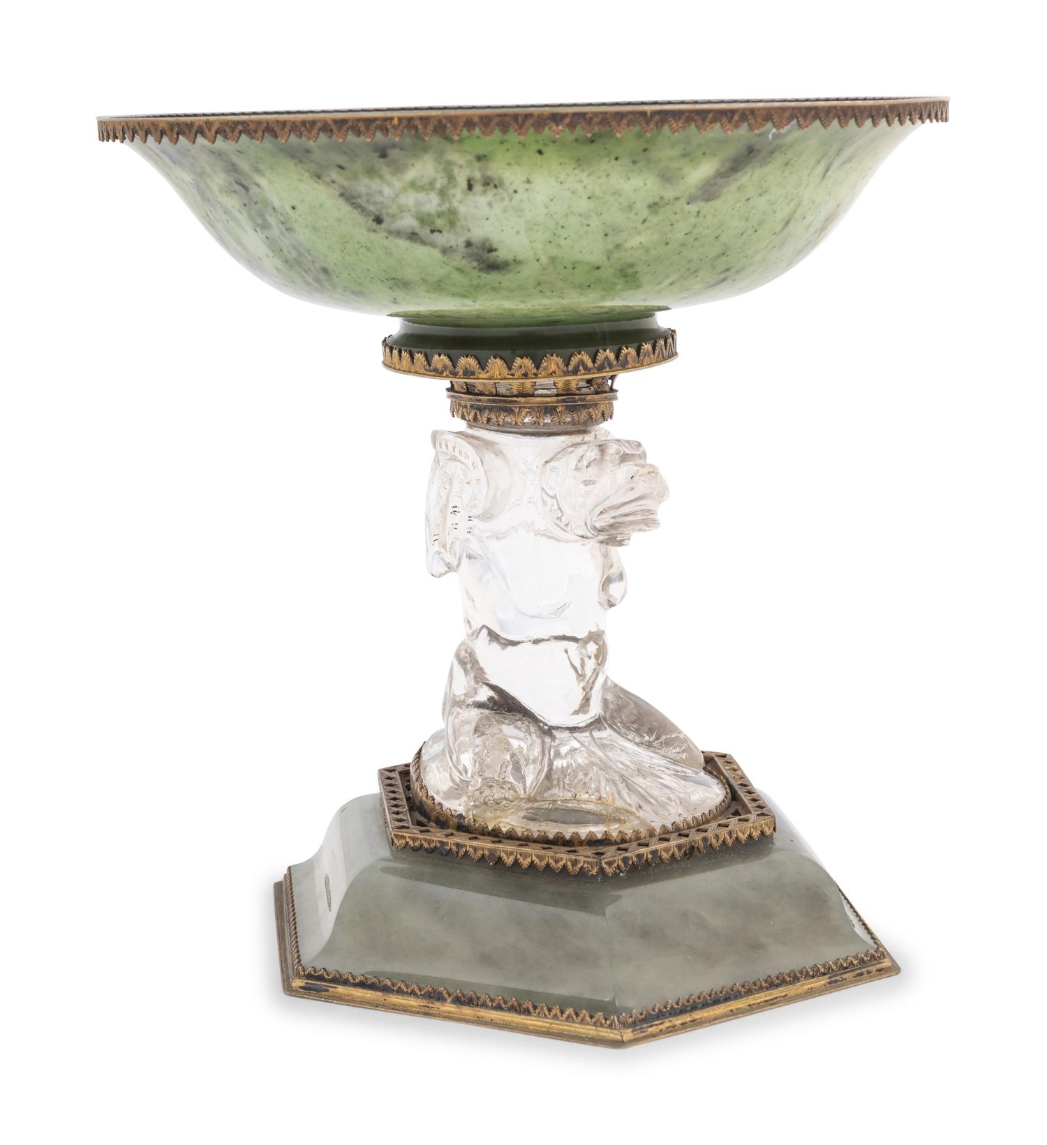 A Renaissance Revival Glass, Gilt Metal and Green Hardstone Footed Bowl