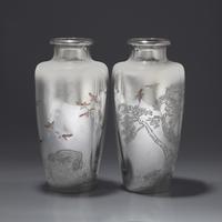 A Pair of Japanese Engraved Silver Vases, Miyamoto, Meiji/Taisho Period — 日本明治/大正時代 刻松鷹圖銀瓶一對