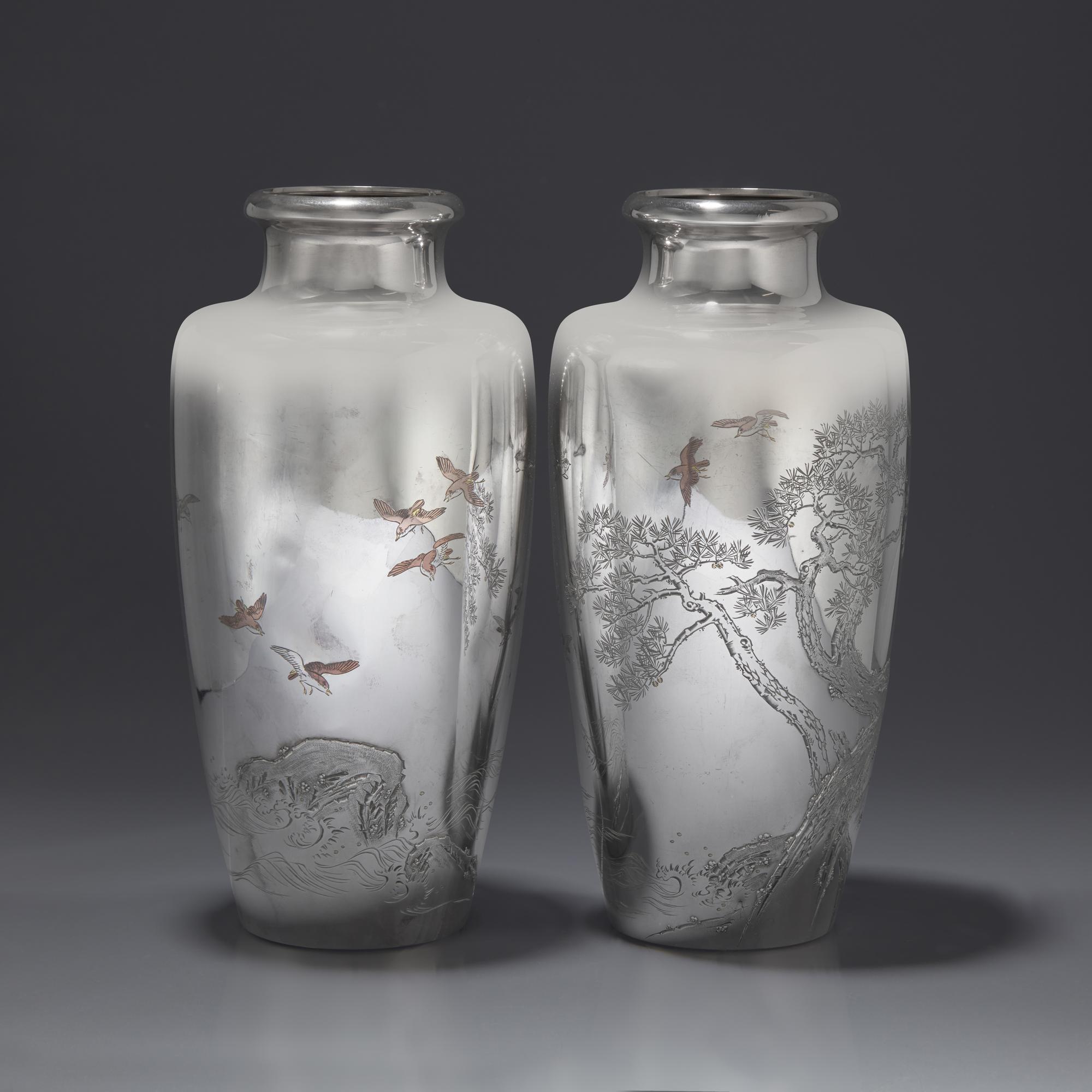A Pair of Japanese Engraved Silver Vases, Miyamoto, Meiji/Taisho Period — 日本明治/大正時代 刻松鷹圖銀瓶一對