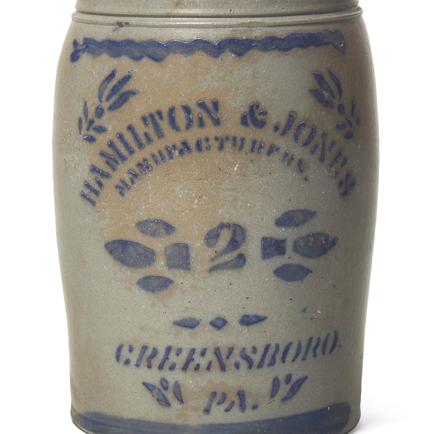 Seven Cobalt-Decorated and Stenciled Stoneware Jars