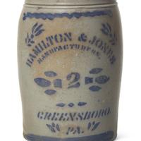 Seven Cobalt-Decorated and Stenciled Stoneware Jars