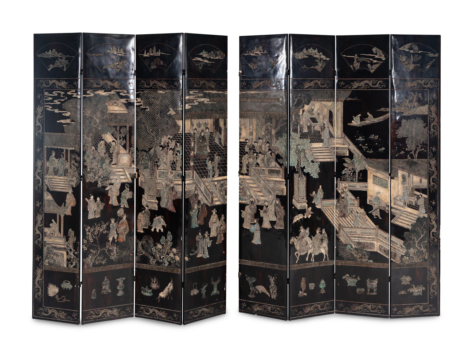 A Chinese Lacquer Eight-Panel Screen