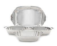A Set of Three American Silver Vegetable Dishes and Matching Tray, Cellini Craft, Ltd., Chicago, IL, 1940, each of shaped rectangular f