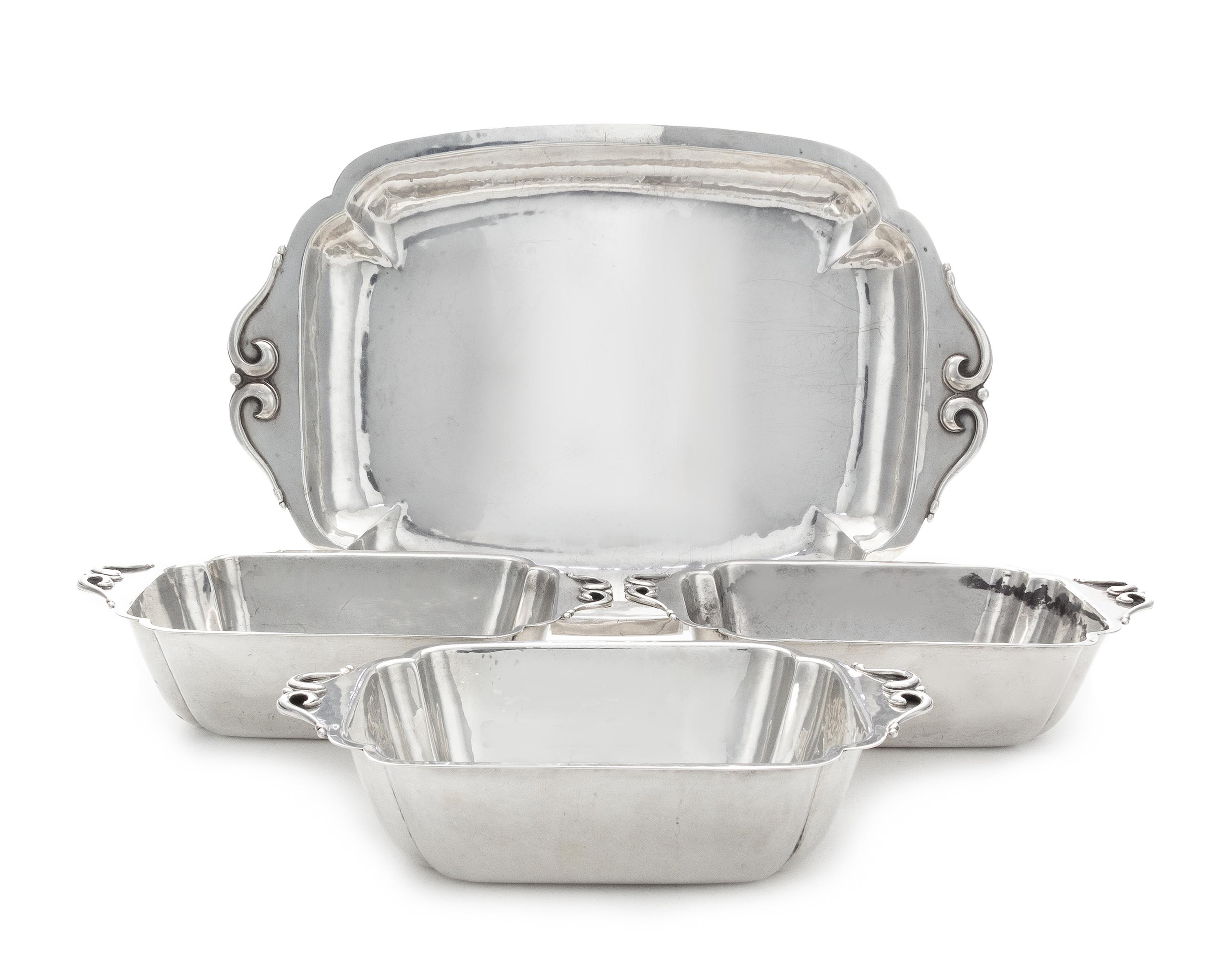 A Set of Three American Silver Vegetable Dishes and Matching Tray, Cellini Craft, Ltd., Chicago, IL, 1940, each of shaped rectangular f