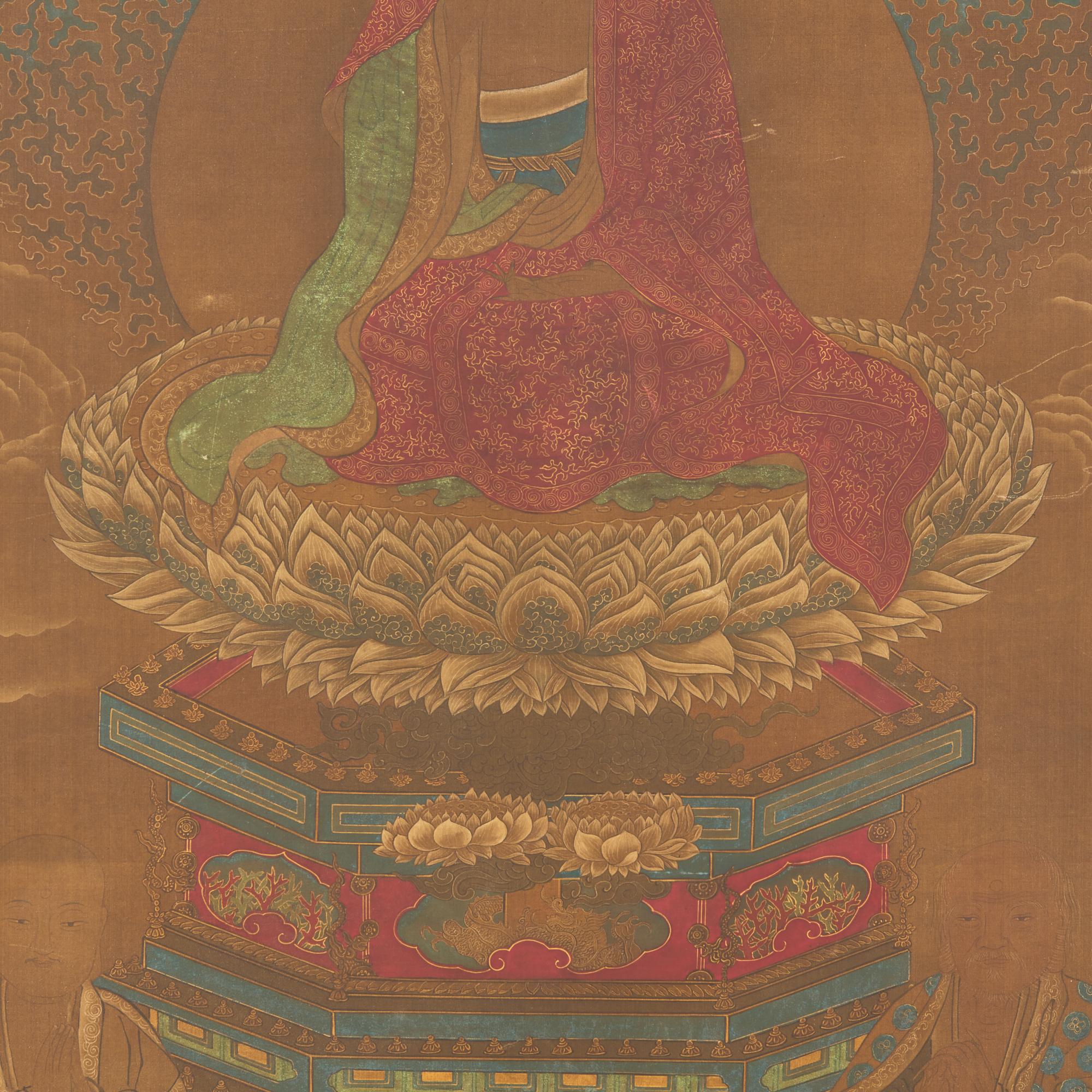 Chinese School, Seated Buddha with Two Attendants, Late Ming-Early Qing Dynasty, 明末清初 絹本設色如來佛像