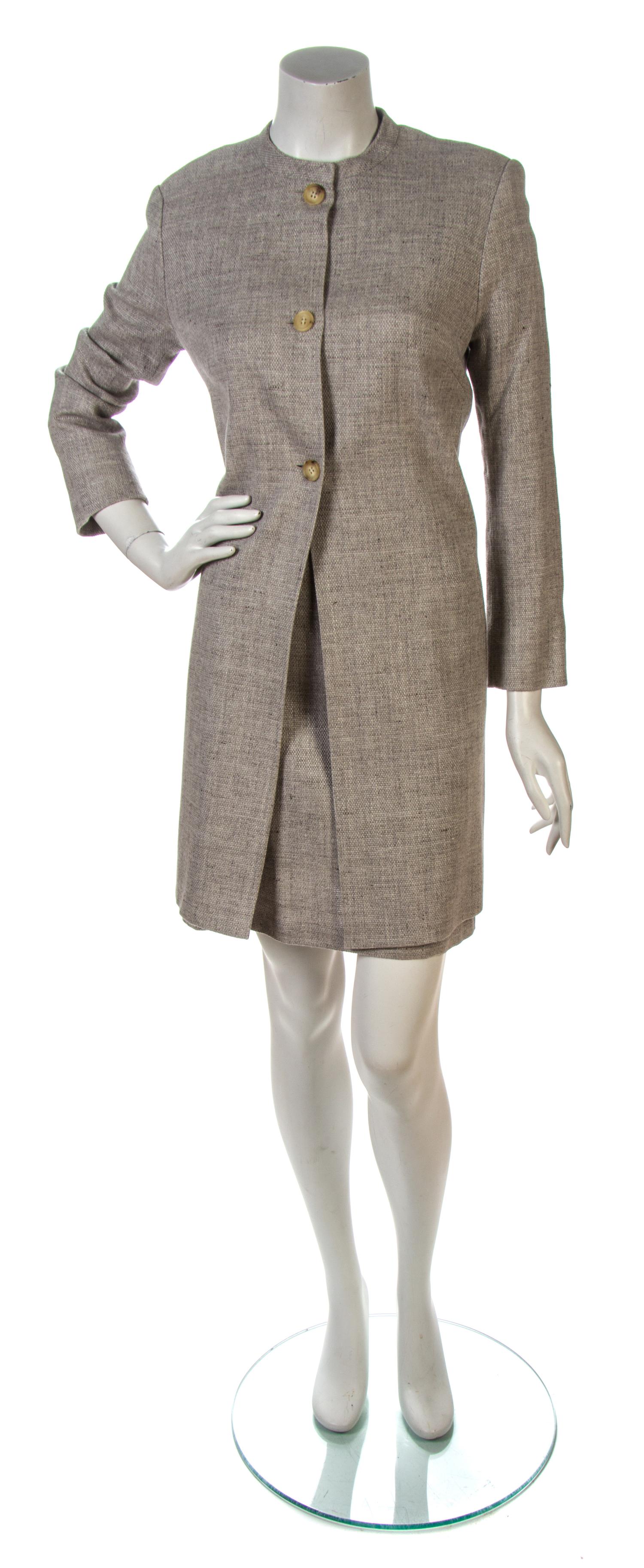 A Celine Taupe-Grey Linen Tweed Skirt Suit, Jacket size 40, skirt size 40.