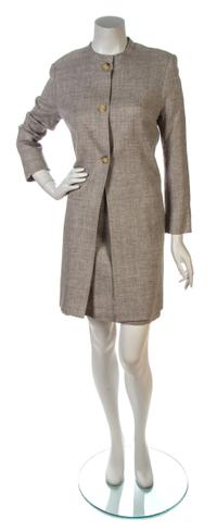 A Celine Taupe-Grey Linen Tweed Skirt Suit, Jacket size 40, skirt size 40.