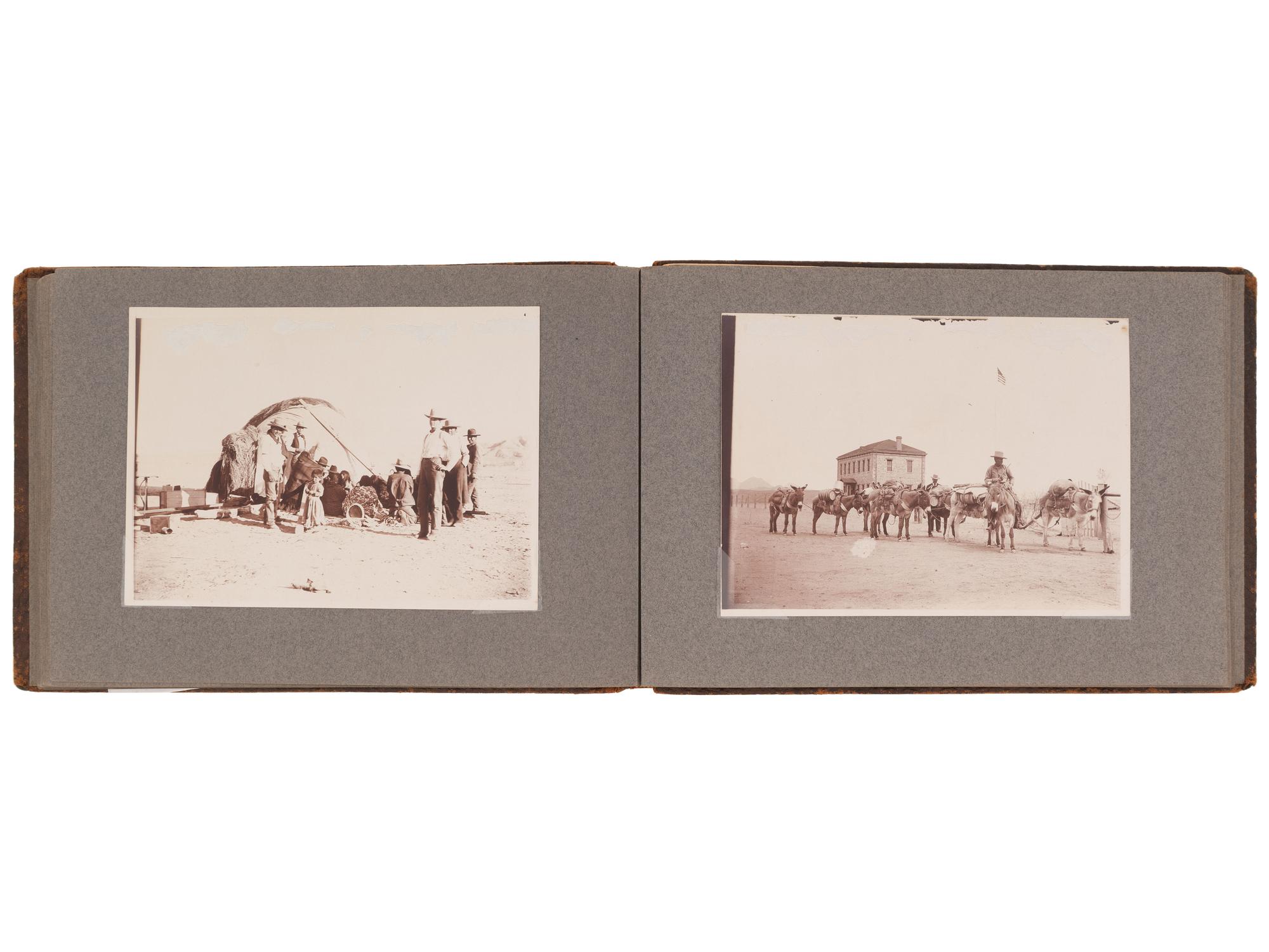[NATIVE AMERICANS]. JONES, John Edward (1863-1922), photographer. Album containing 50 photographs of the San Carlos Indian Agency, including Apache civilians and police, agency buildings and dwellings, and scenic views. Ca 1904.