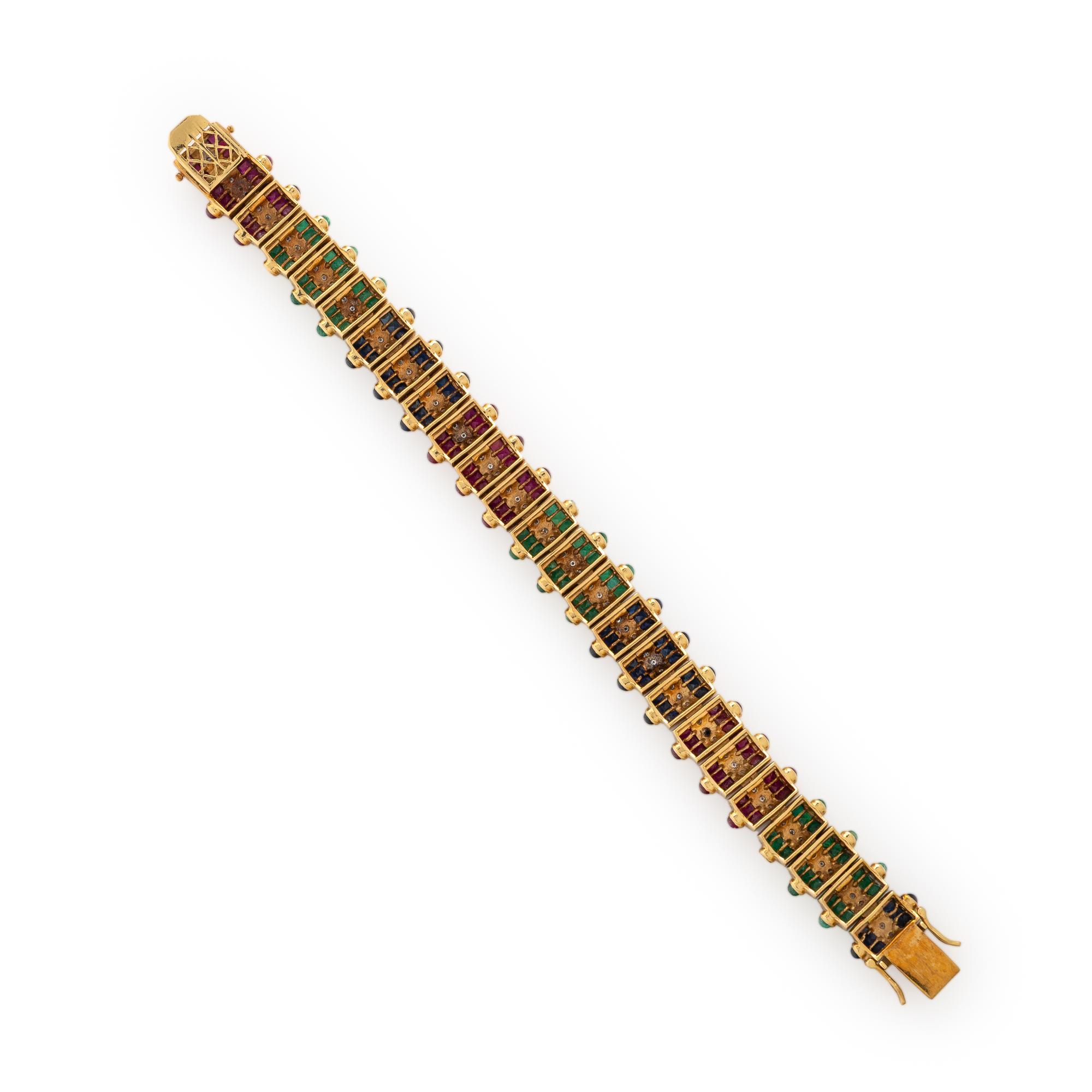 RUBY, EMERALD, SAPPHIRE, DIAMOND, AND YELLOW GOLD BRACELET