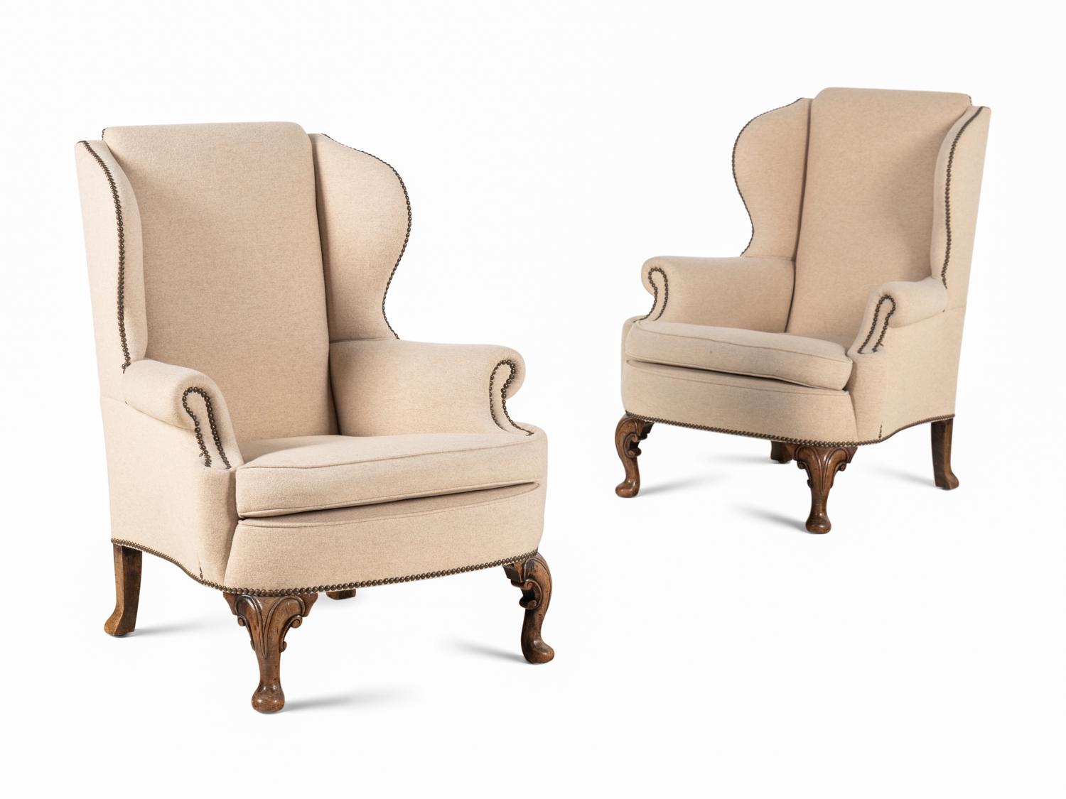 A Pair of Queen Anne Style Wingback Armchairs