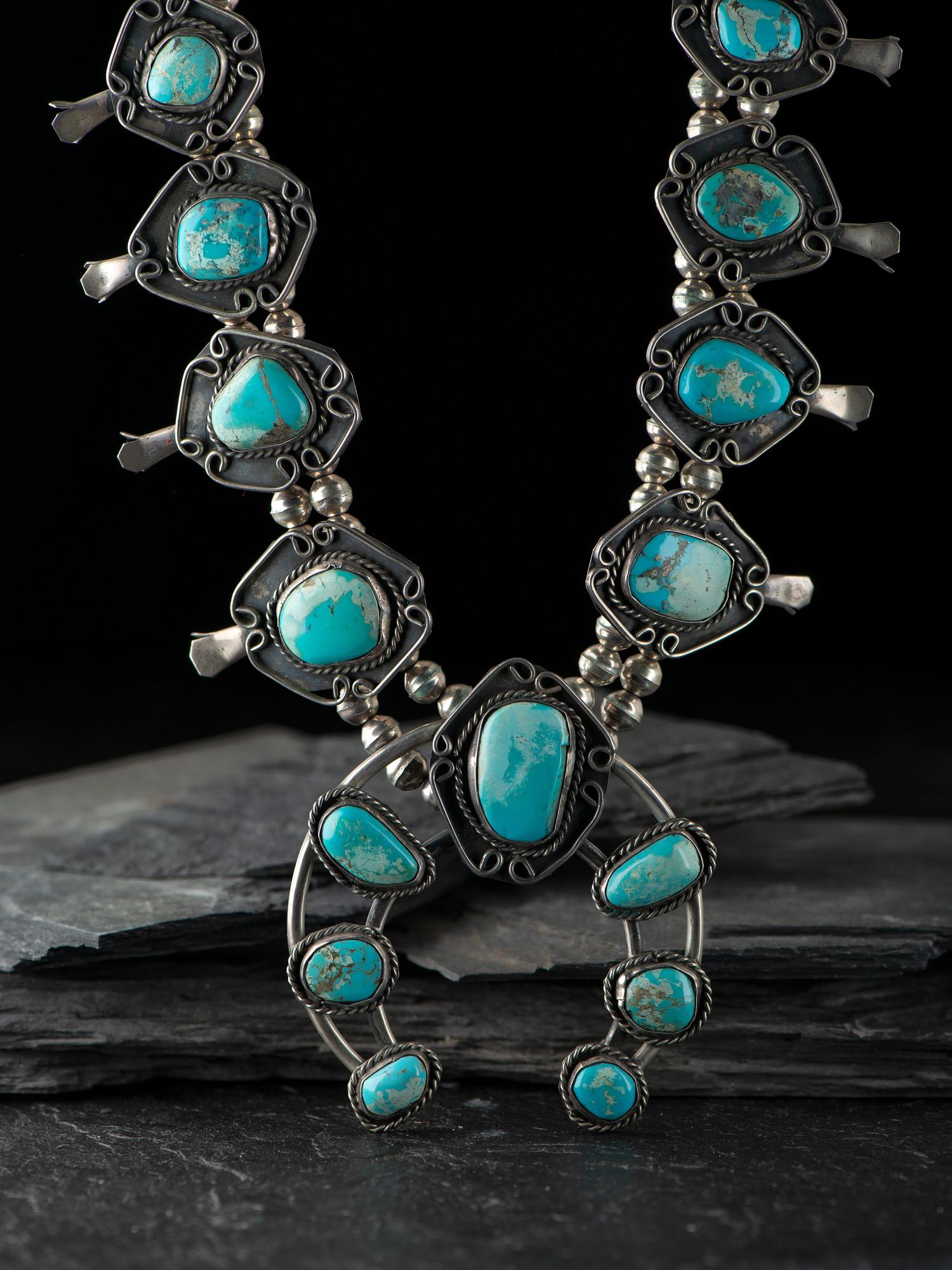 Navajo Silver and Turquoise Squash Blossom Necklace