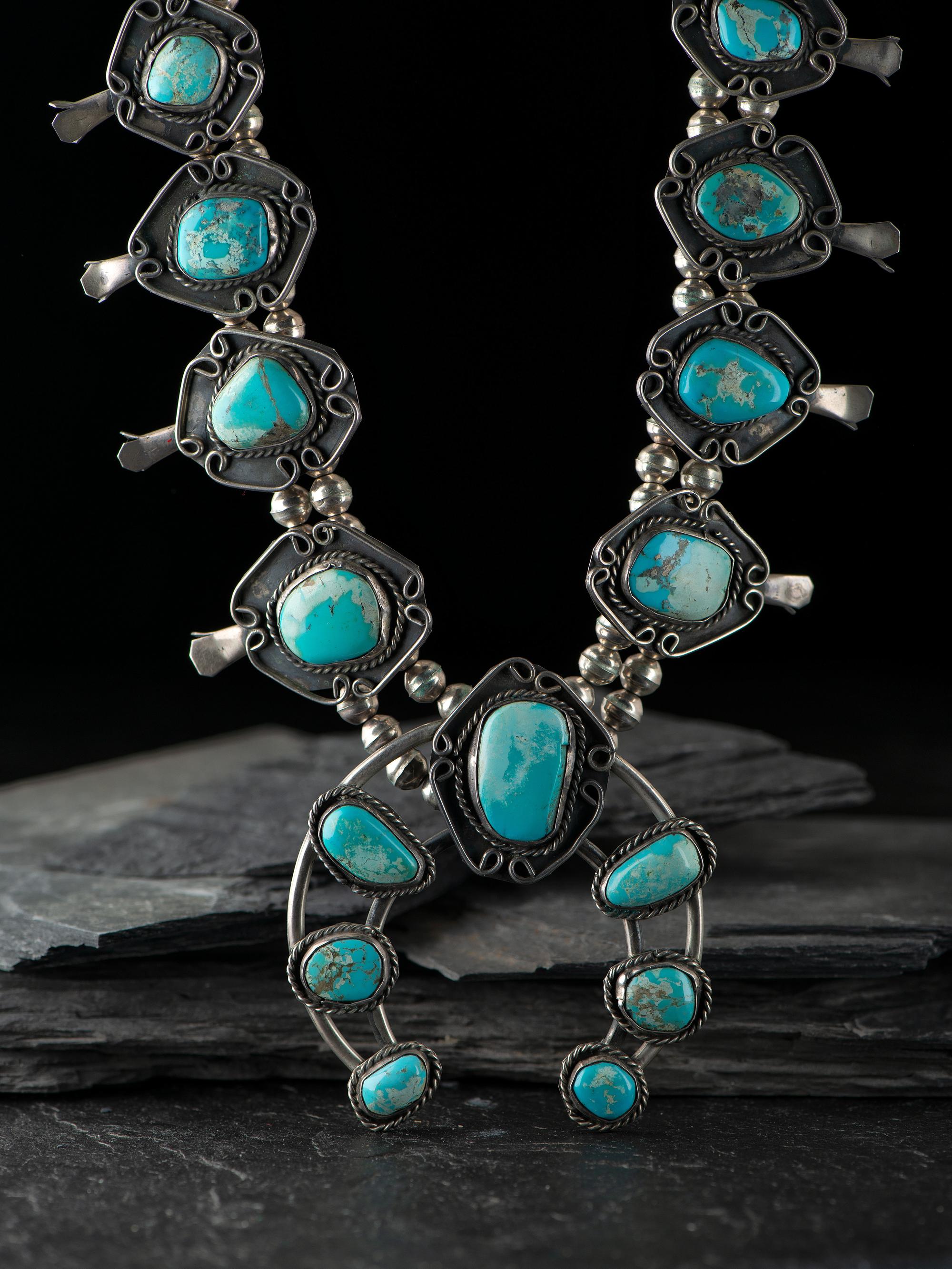 Navajo Silver and Turquoise Squash Blossom Necklace