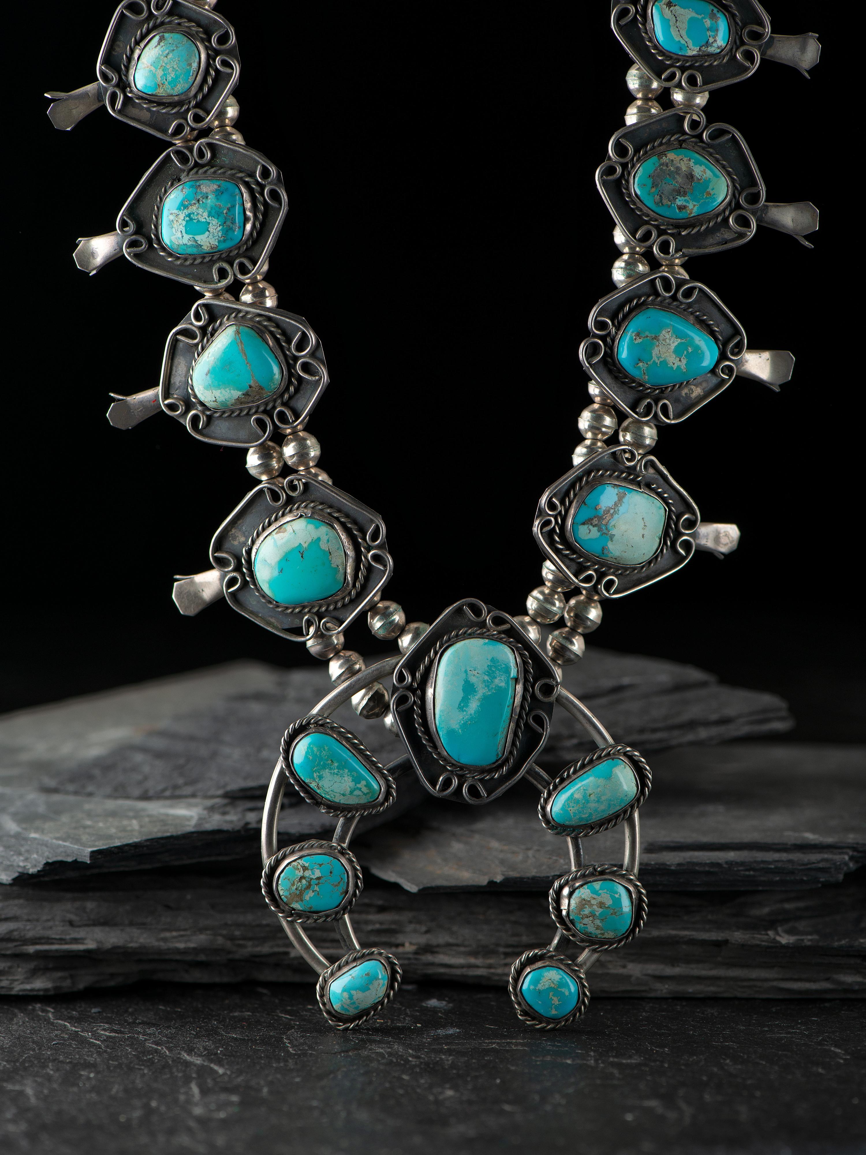 Navajo Silver and Turquoise Squash Blossom Necklace