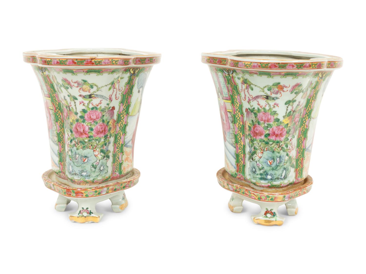 A Pair of Rose Canton Porcelain Oval Jardinieres on Conforming Footed Bases
