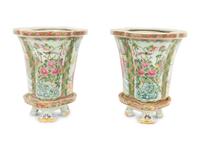 A Pair of Rose Canton Porcelain Oval Jardinieres on Conforming Footed Bases
