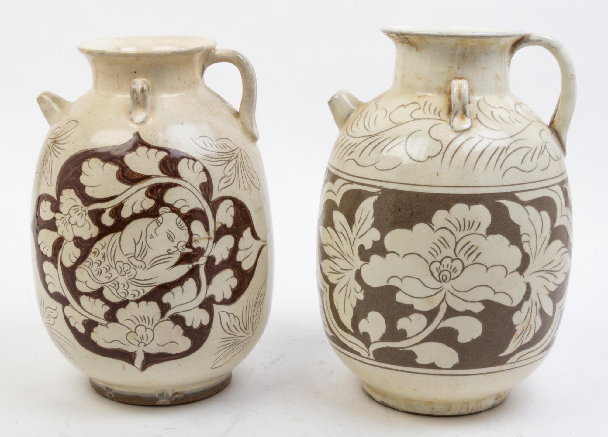 Six Cizhou Style Glazed Ceramic Vessels Height of tallest 18 1/2 inches.