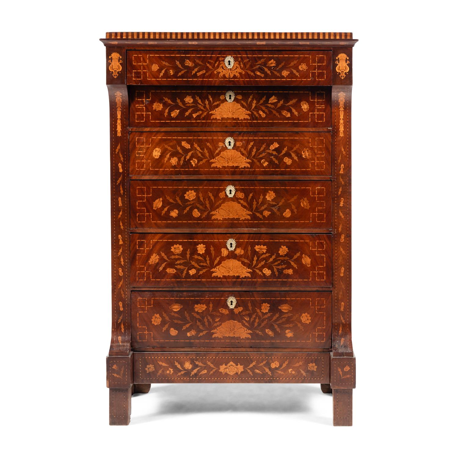A Dutch Marquetry and Mahogany Tall Chest of Drawers