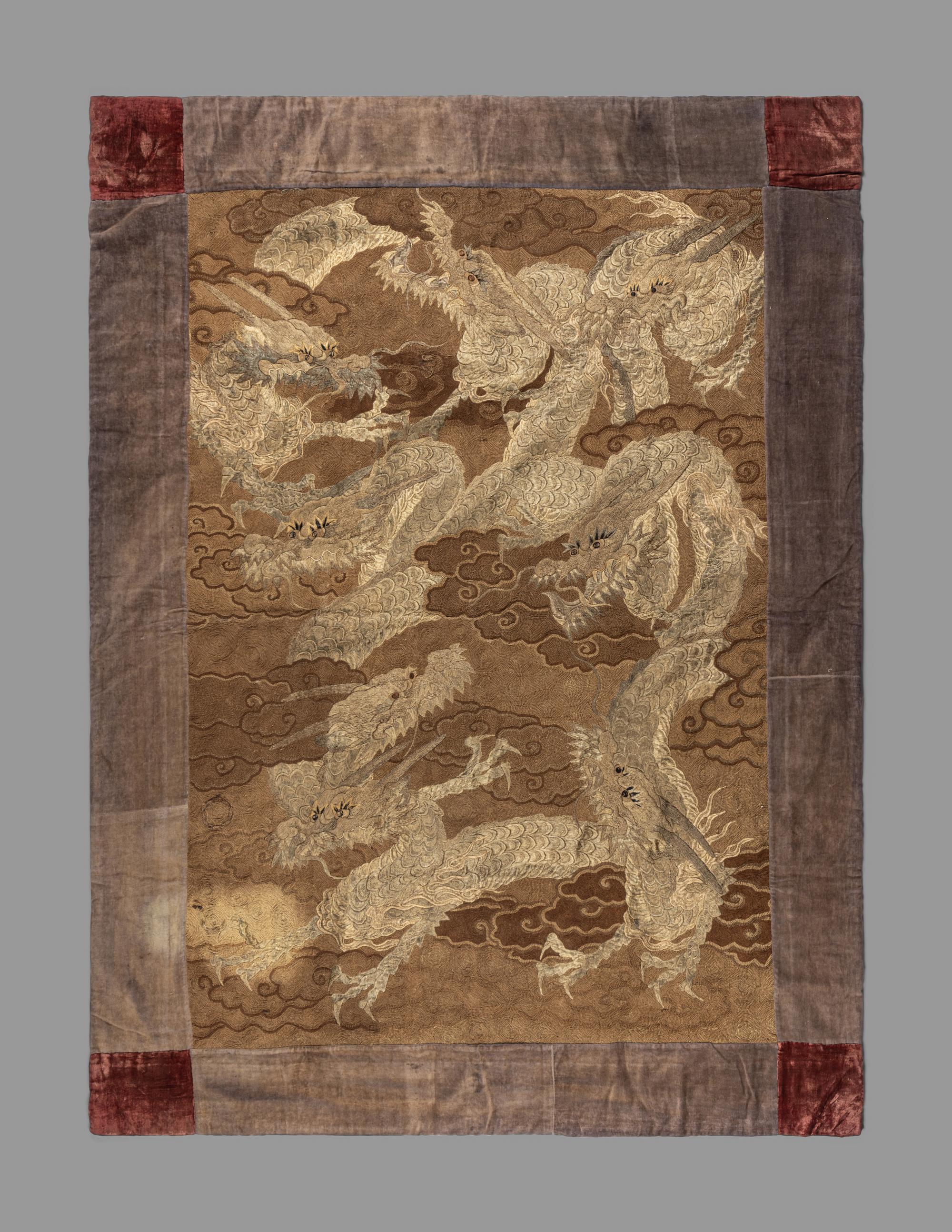 A Large Japanese Embroidered Silk 'Dragons' Panel