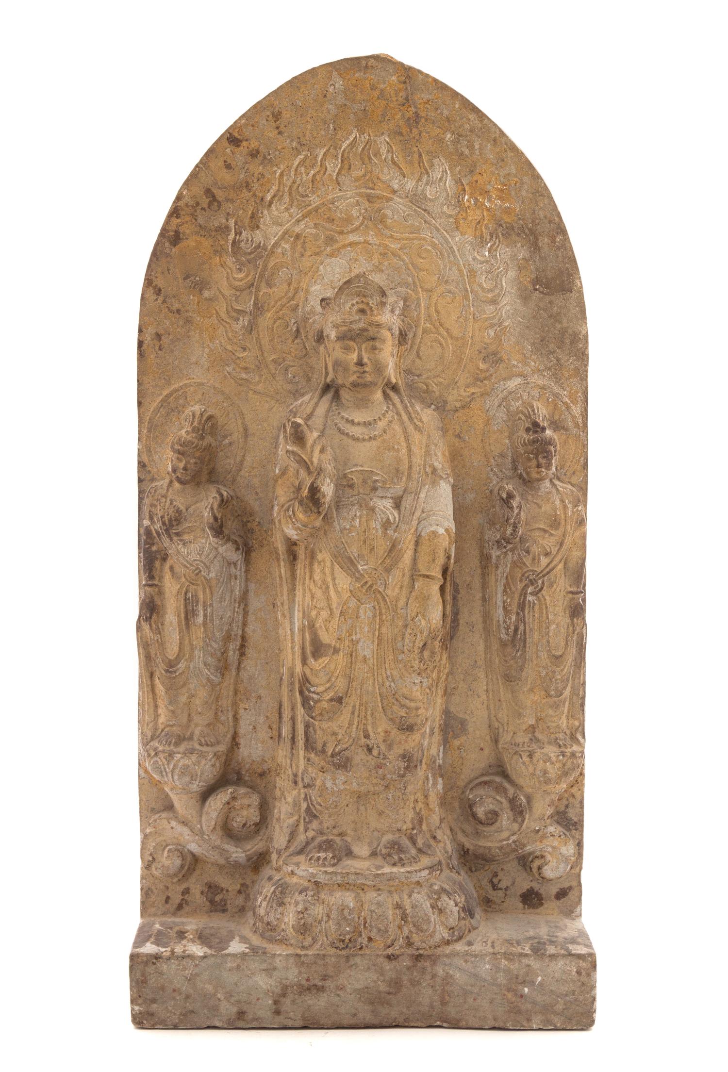 A Carved Stone Buddhist Stele Height 26 x width 12 1/2 inches.