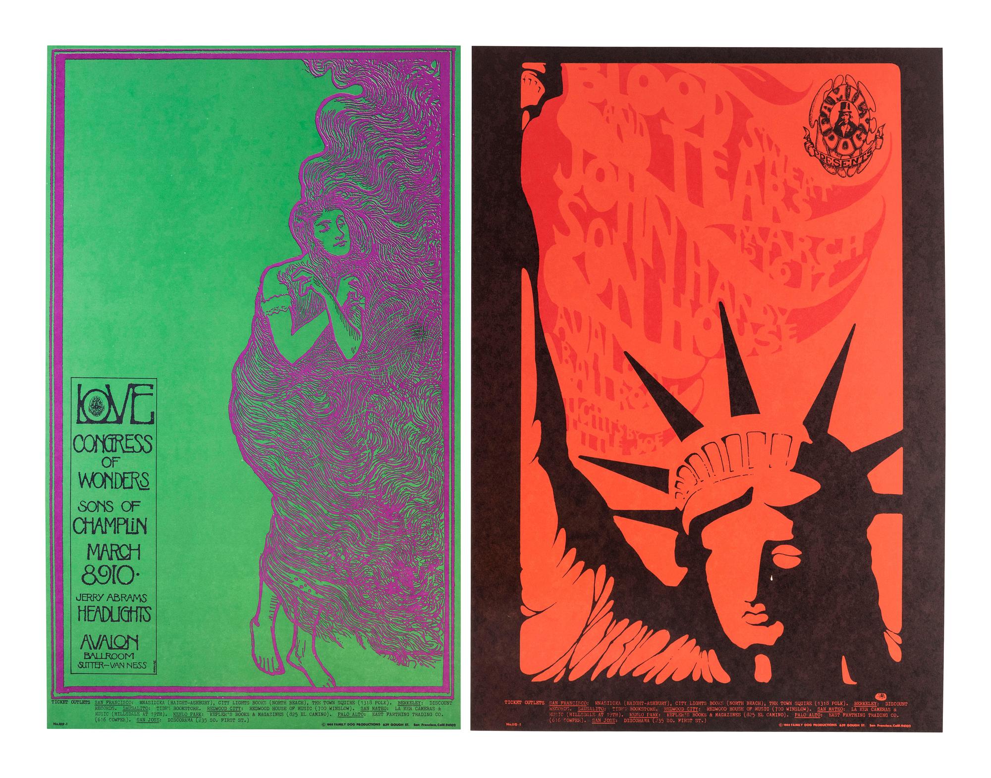 [MUSIC] -- [POSTERS]. GRIFFIN, Rick, FRIED, Robert, MOUSE, Stanley, KELLEY, Alton, MOSCOSO, Victor, artists. A group of 8 Family Dog posters from 1968, comprising: