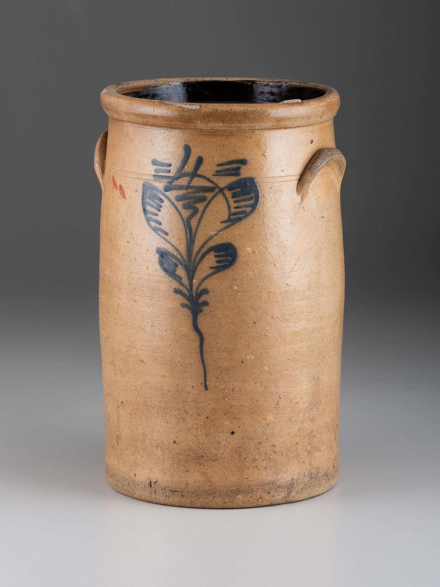 A Four-Gallon Cobalt Decorated Stoneware Butter Churn