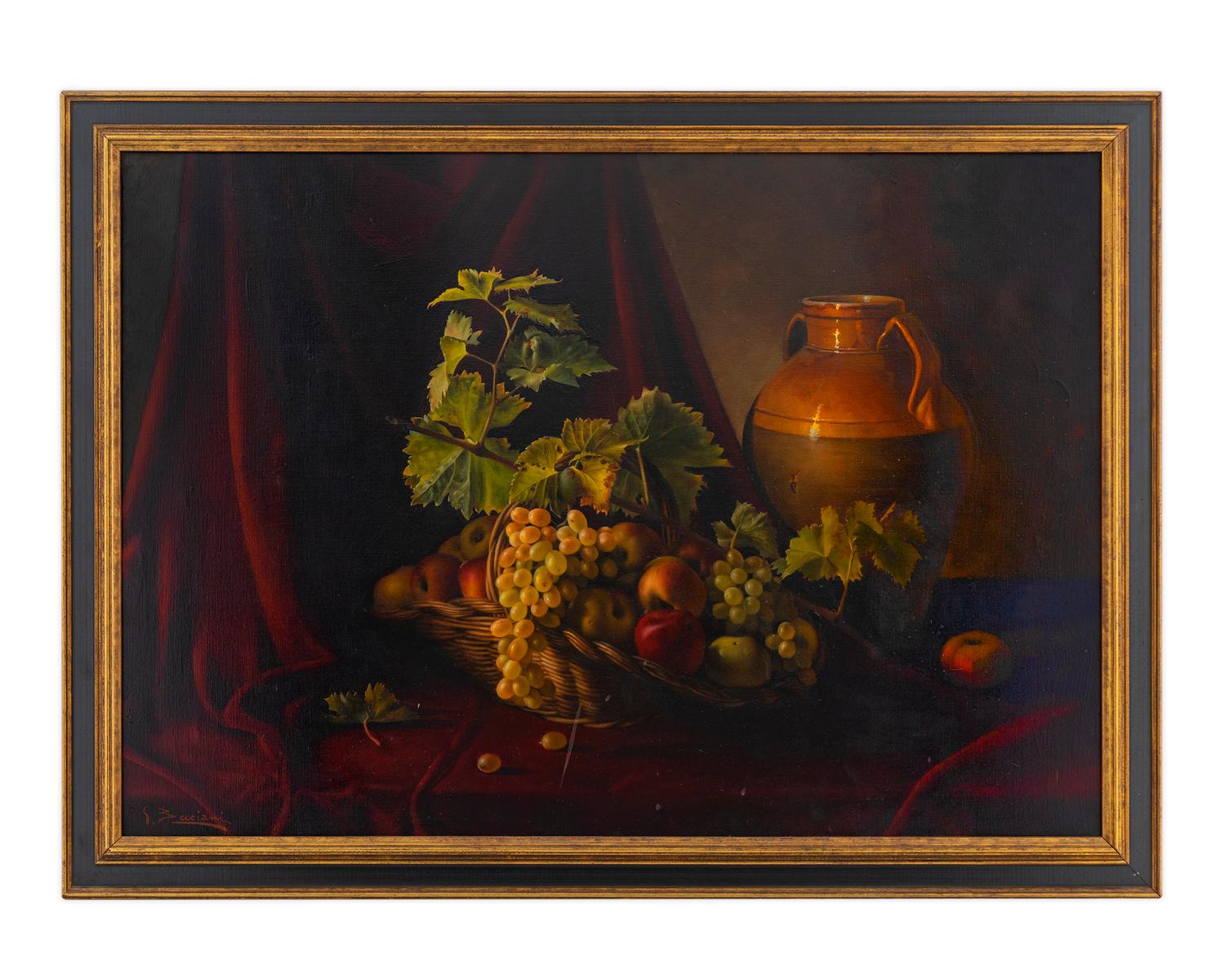 Still Life with Cloth, Grapes and Grape Leaves in a Straw Basket