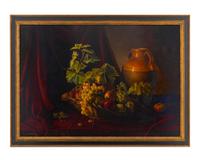 Still Life with Cloth, Grapes and Grape Leaves in a Straw Basket