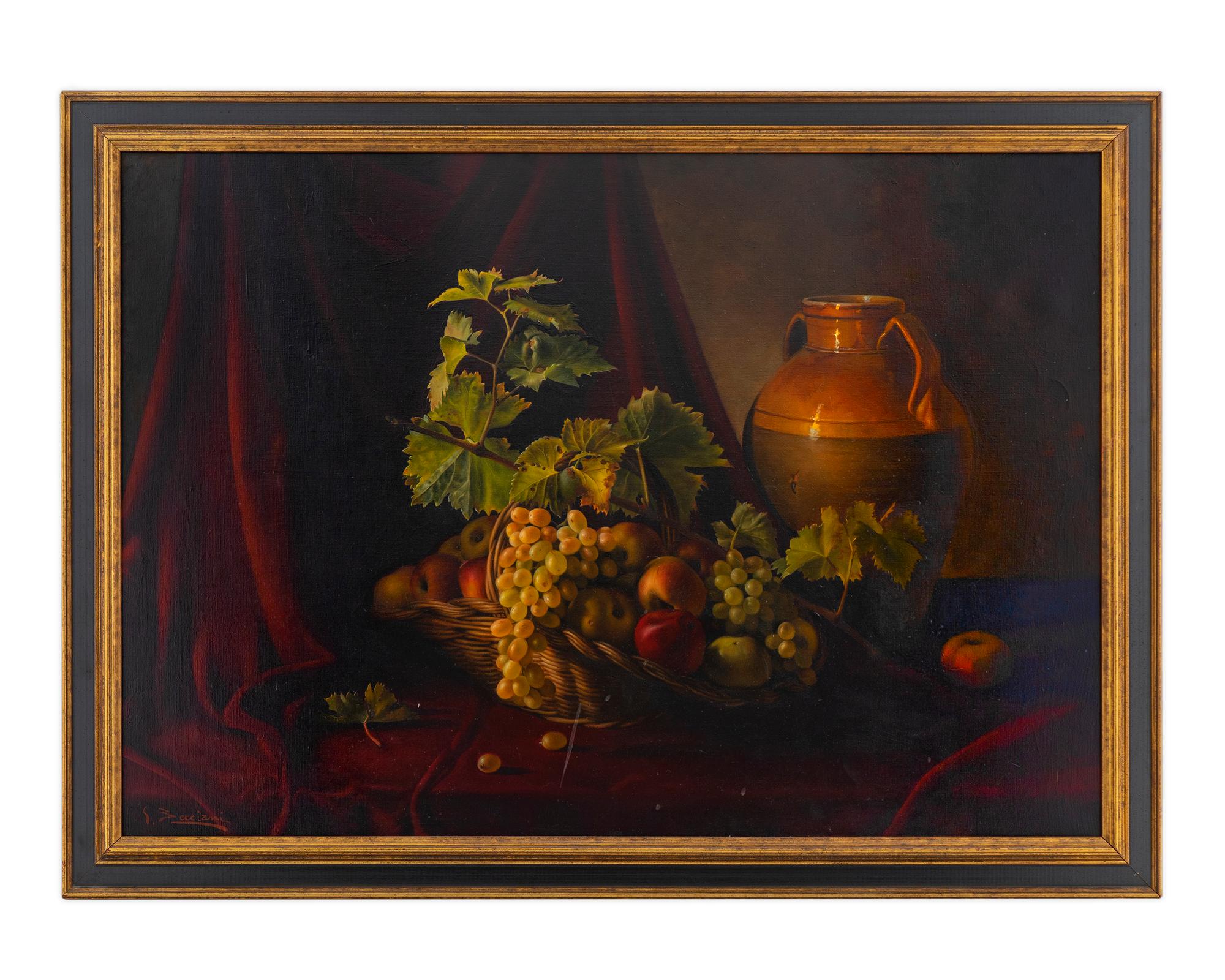 Still Life with Cloth, Grapes and Grape Leaves in a Straw Basket