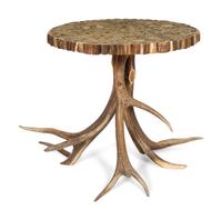 An Elk Antler Pedestal Side Table with Inlaid Antler Veneer Top