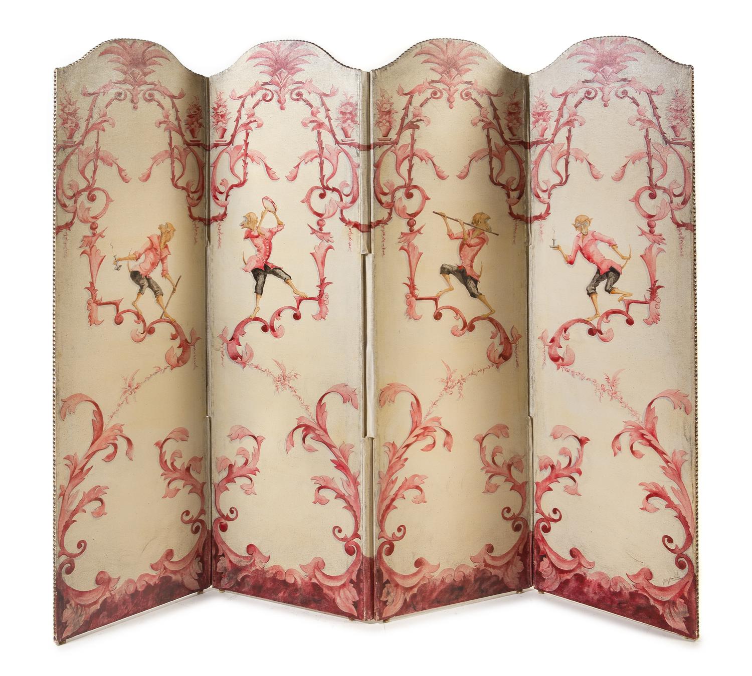 A Painted Canvas Four-Panel Floor Screen Height 63 1/2 x width of each panel 20 inches. — EARLY 20TH CENTURY
