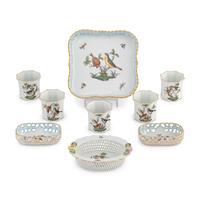 A Group of Nine Herend Rothschild Bird Porcelain Table Articles