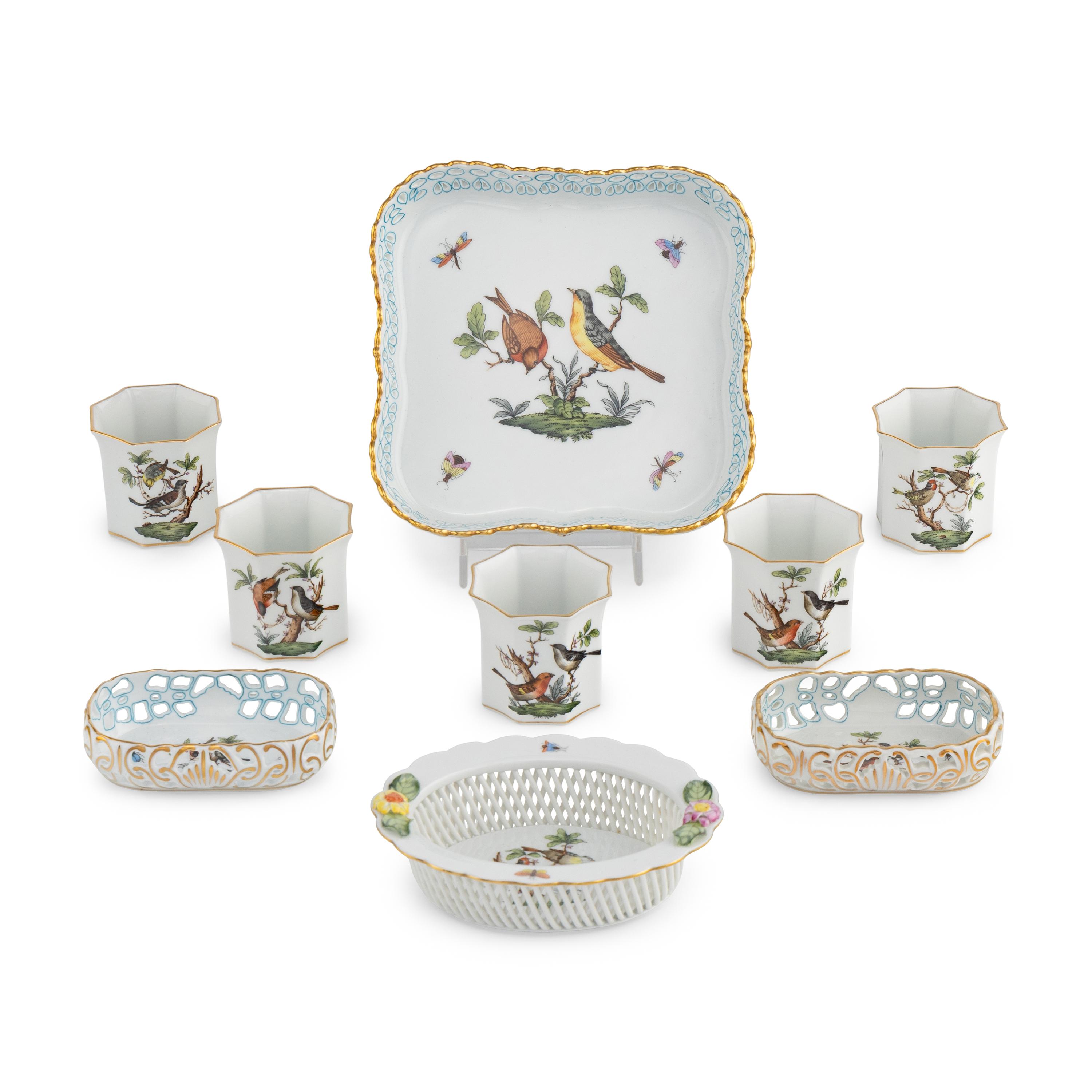 A Group of Nine Herend Rothschild Bird Porcelain Table Articles