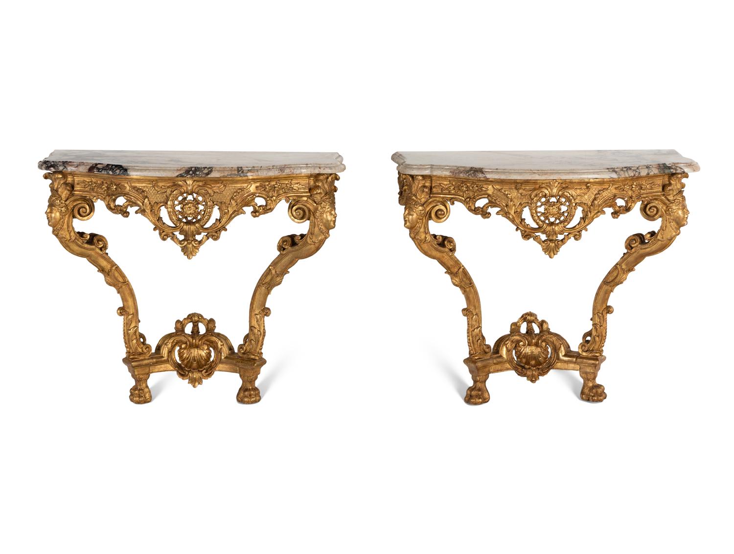 A Pair of Régence Style Giltwood Marble-Top Console Tables