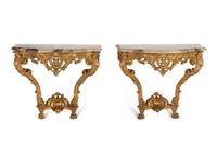 A Pair of Régence Style Giltwood Marble-Top Console Tables
